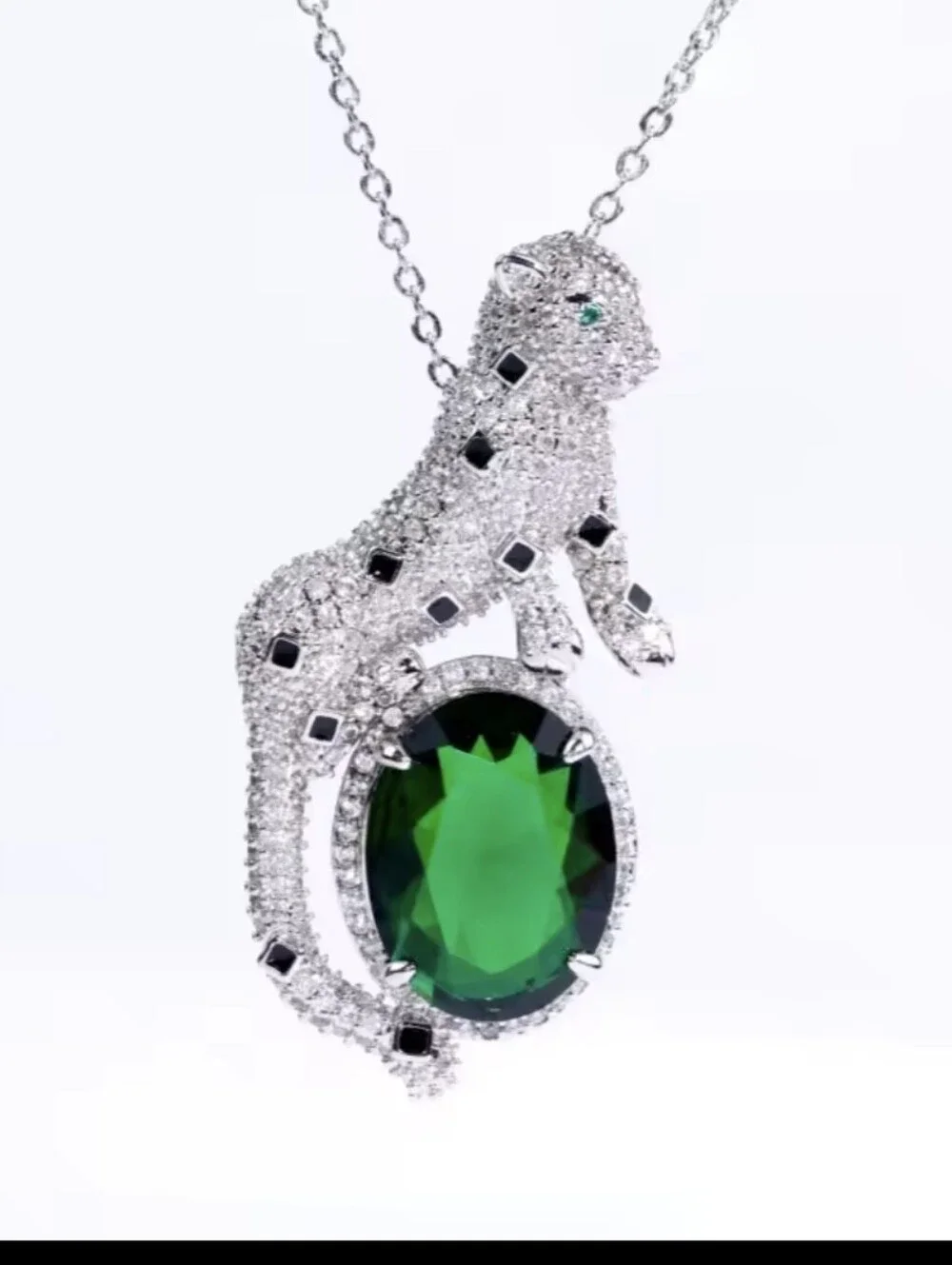 Emerald Green Diamond Leopard Charm Necklace
